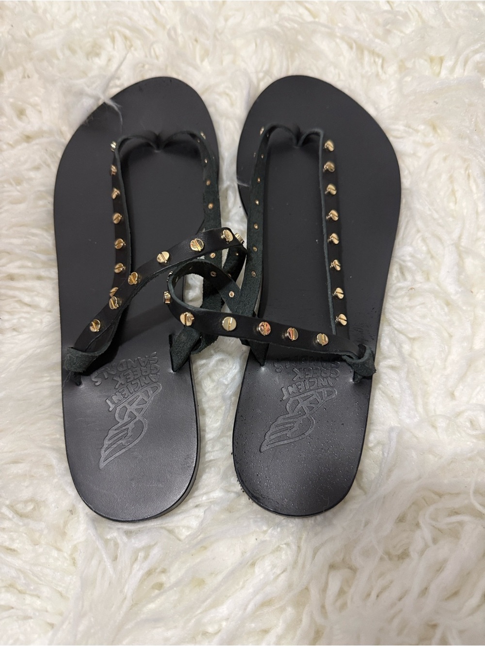 Ancient Greek Sandals Black Studded T-Strap Women's Sandals size 41 or 10.5
